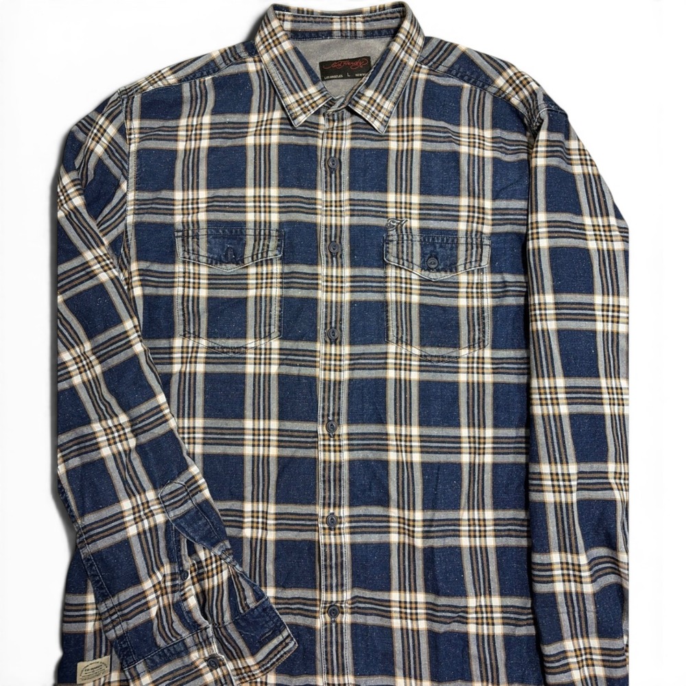 Ed Hardy Mens Plaid Button Up Shirt Blue White Tan Long Sleeve EHSH1013 Large